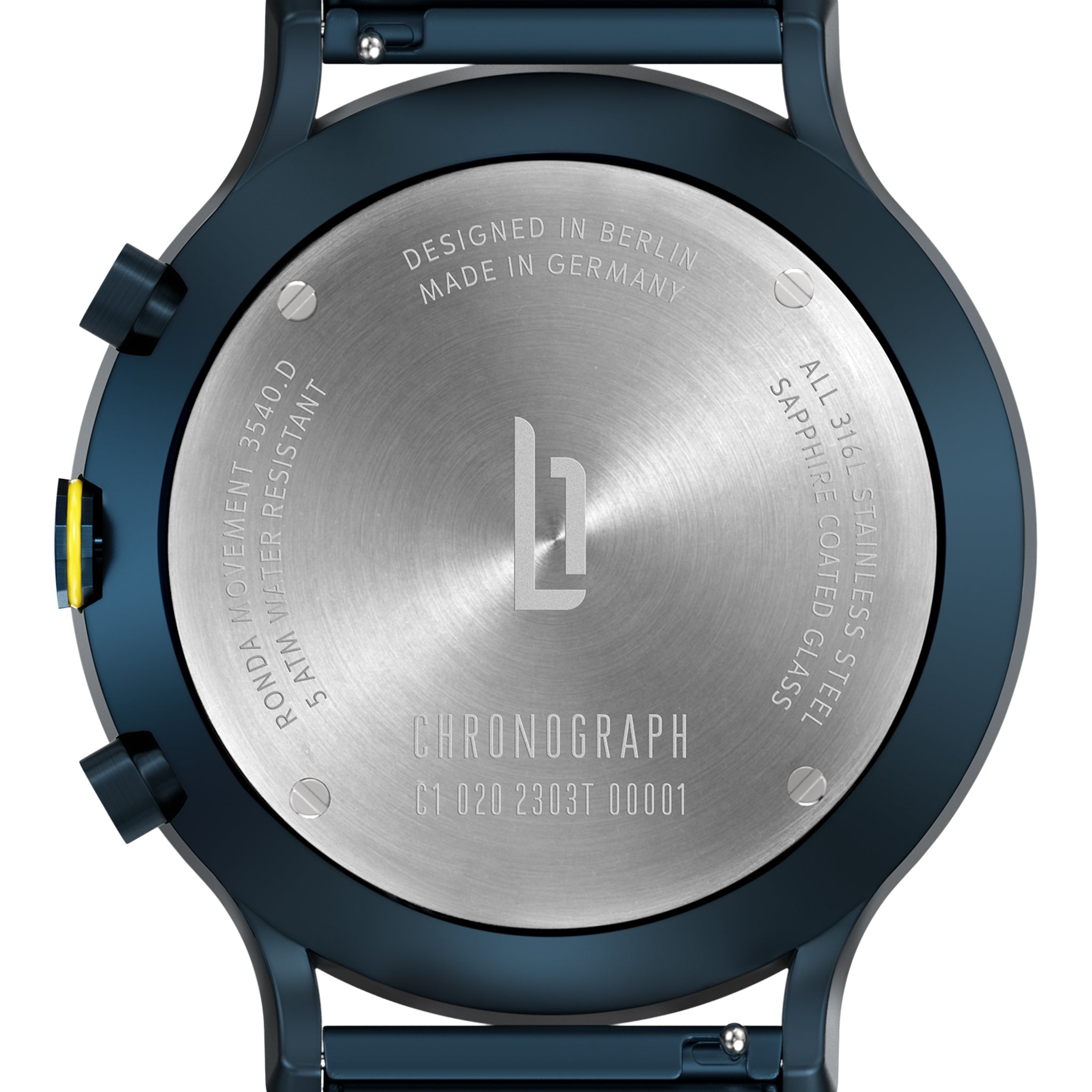 Close-up of the stainless steel back of a chronograph watch showing engraved details.