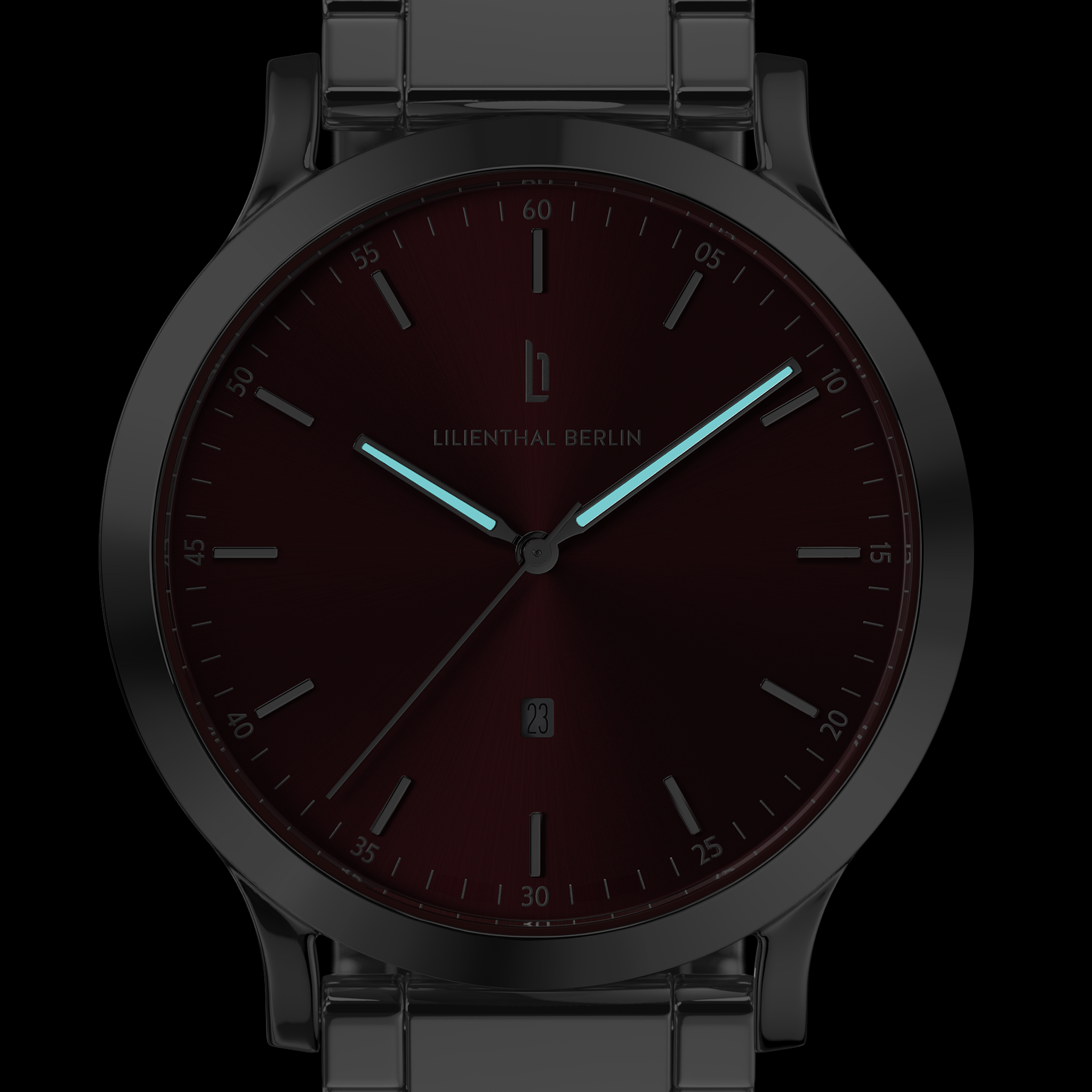 Minimalist men's watch with burgundy dial, luminous hands and metal link strap