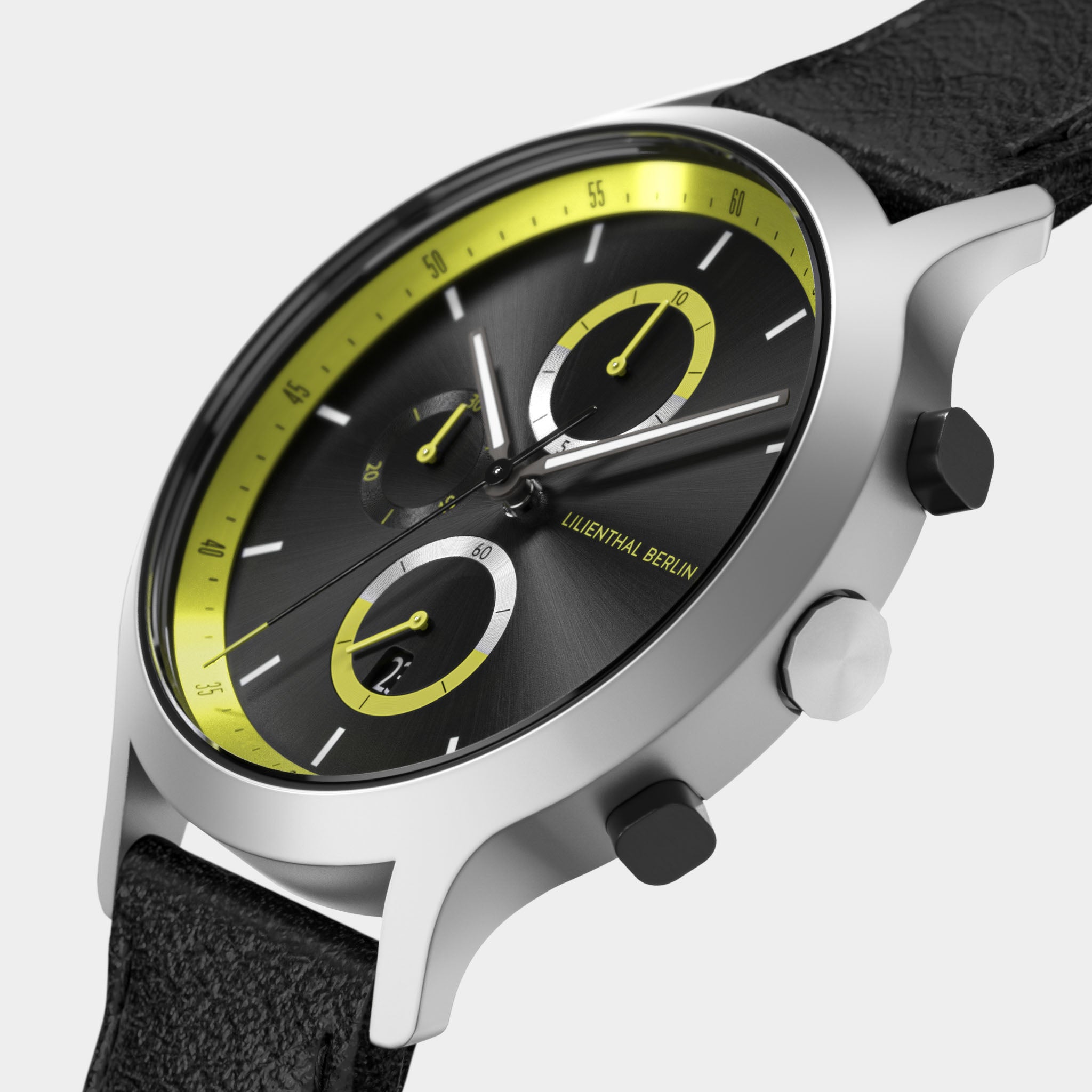 Modern chronograph watch with black dial, yellow accents, and black leather strap